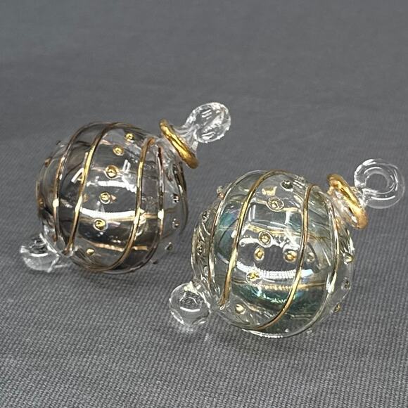 Egyptian Museum Hand Blown Glass Ornament Set 2 Gold Trim Spiral Iridescent Box - Picture 12 of 16